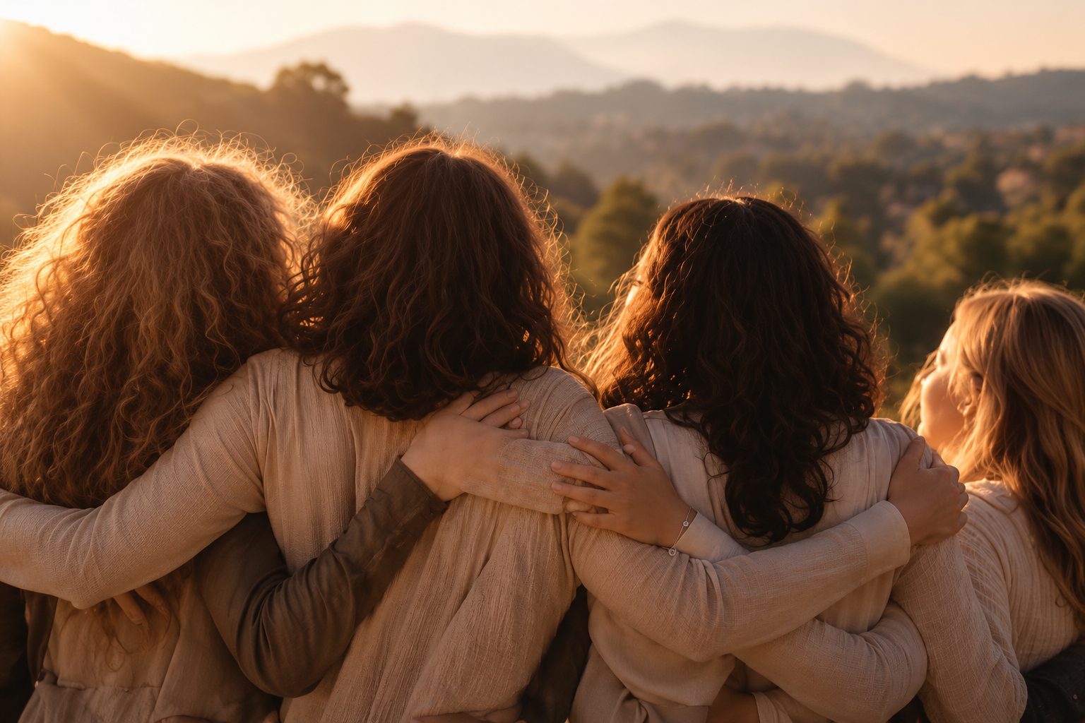 Grupo de mulheres abraçadas, de costas, olhando para a paisagem ao amanhecer