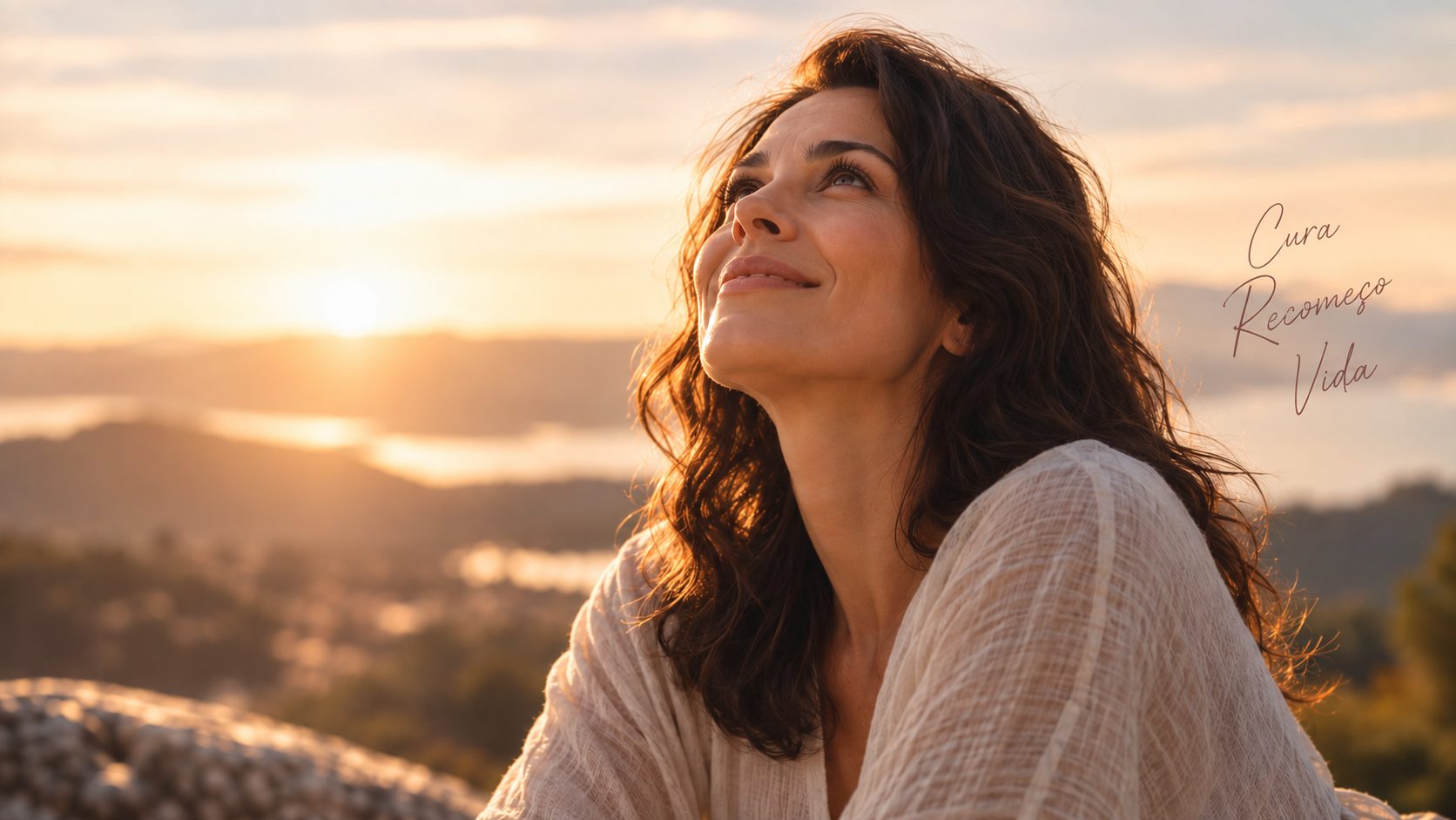 Mulher olhando para o céu ao pôr do sol, em um momento de paz e conexão com Deus