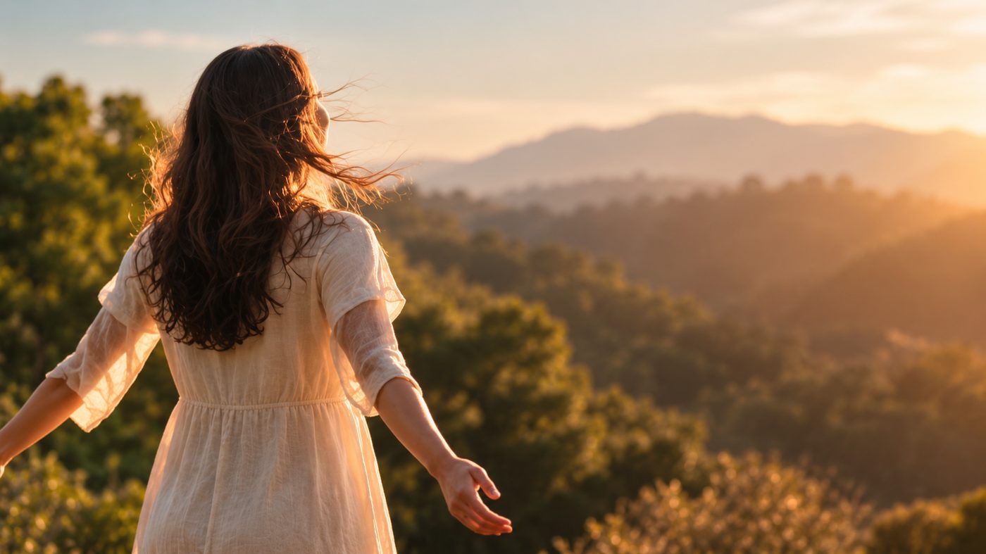 Mulher de braços abertos observando a paisagem ao pôr do sol, em liberdade