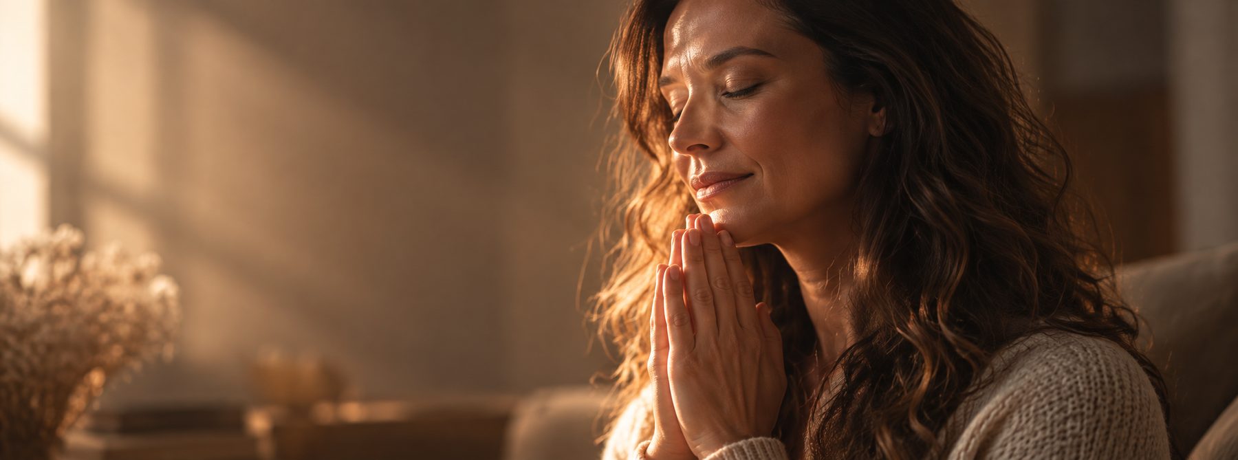 Mulher orando de olhos fechados, em um momento de entrega e paz